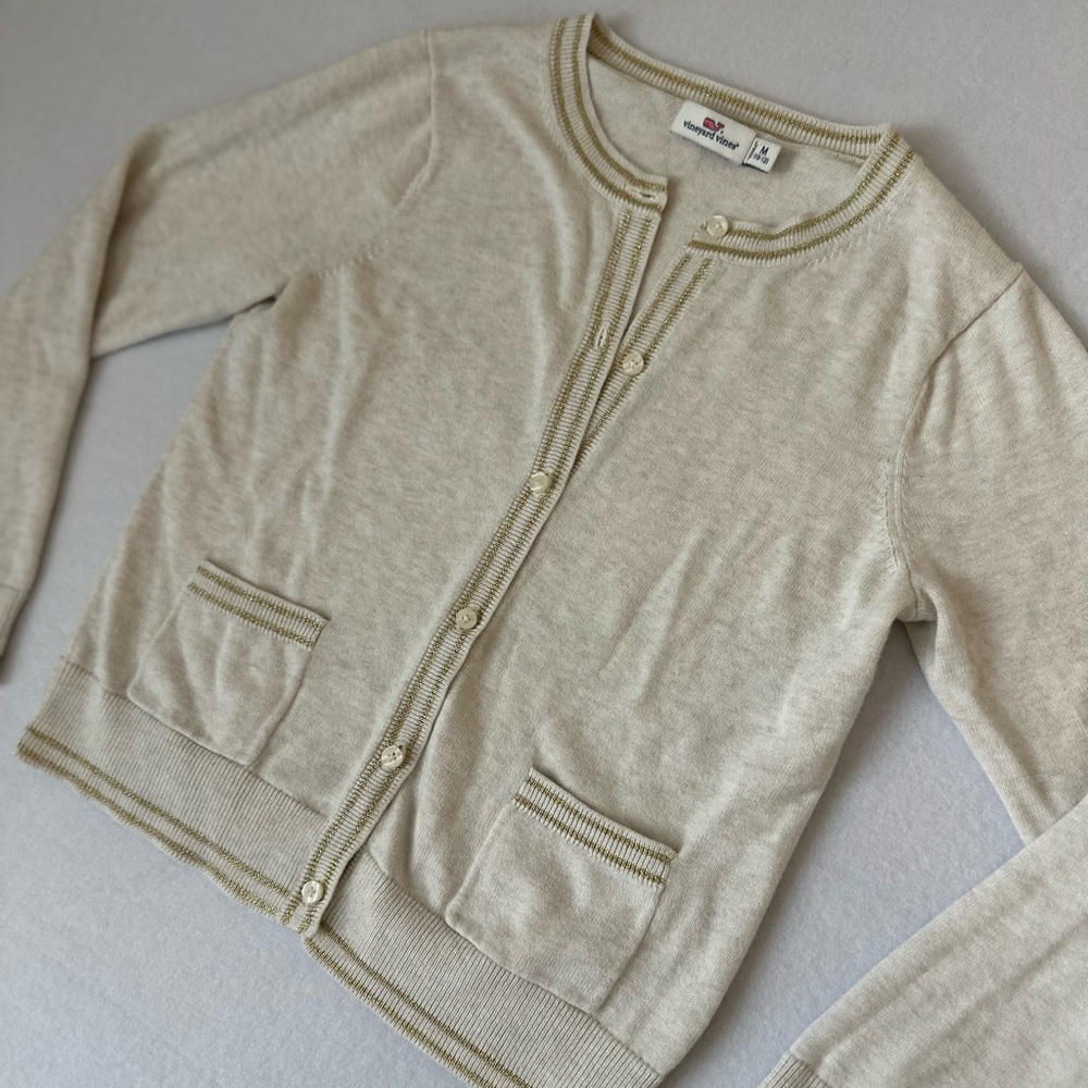 Vineyard Vines Cardigan Girls M (10-12)Beige Gold Metallic Trim Button Up Preppy